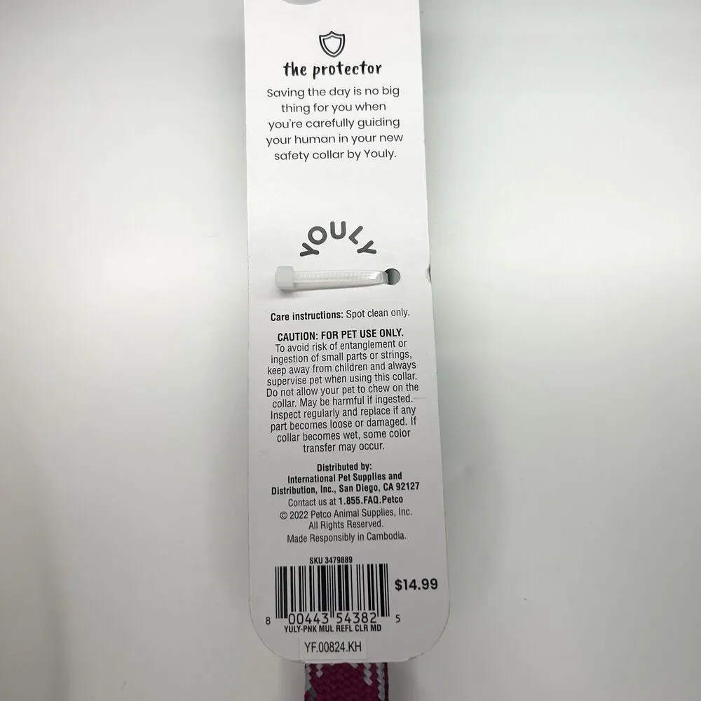 YOULY The Protector Dog Collar Reflective Pink & Gray, M Medium Pet 14”-20”